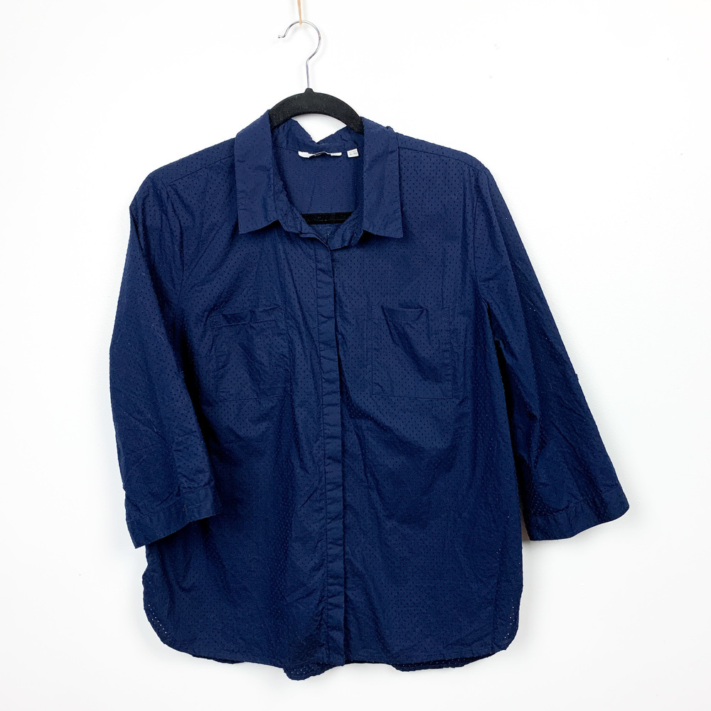 Reitman's Petite Blue Button-Up Long Sleeve Blouse